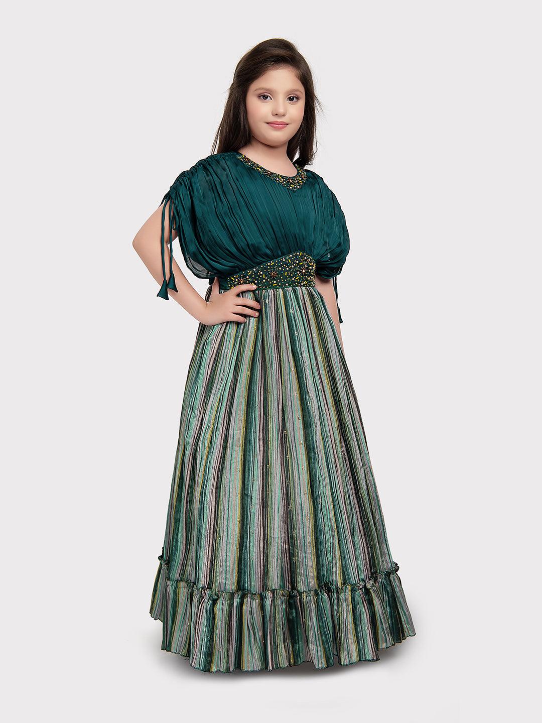 Rama Green Coloured Butterfly Style Sleeves Multicolour Striped Gown For Girls - Betty Ethnic India - Gown - Betty Girls Wear Online