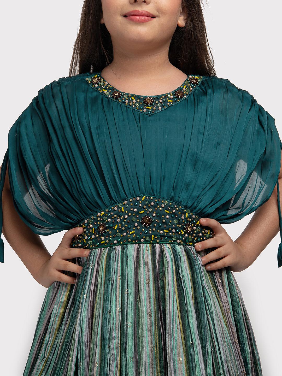 Rama Green Coloured Butterfly Style Sleeves Multicolour Striped Gown For Girls - Betty Ethnic India - Gown - Betty Girls Wear Online