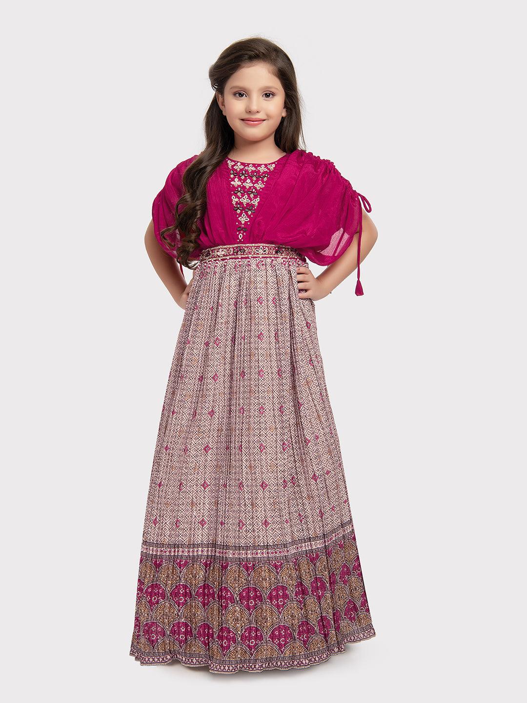 Maroon Coloured Butterfly Style Sleeves Hand Embroidery Fancy Gown For Girls - Betty Ethnic India - Gown - Betty Girls Wear Online