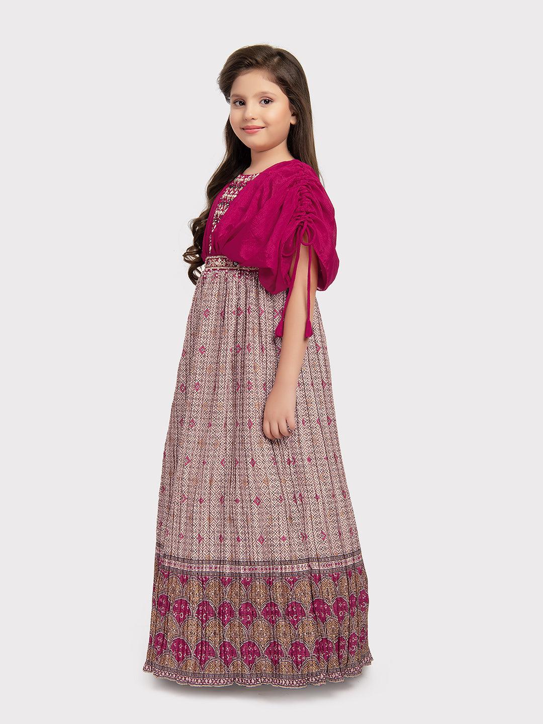 Maroon Coloured Butterfly Style Sleeves Hand Embroidery Fancy Gown For Girls - Betty Ethnic India - Gown - Betty Girls Wear Online