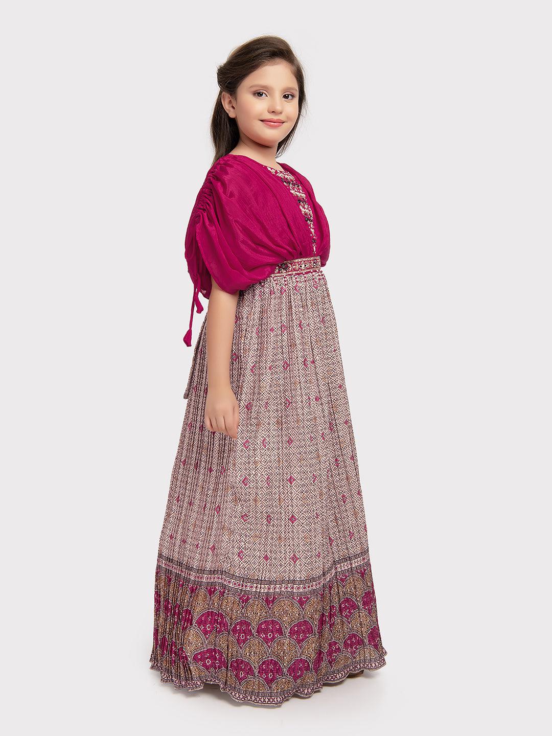 Maroon Coloured Butterfly Style Sleeves Hand Embroidery Fancy Gown For Girls - Betty Ethnic India - Gown - Betty Girls Wear Online