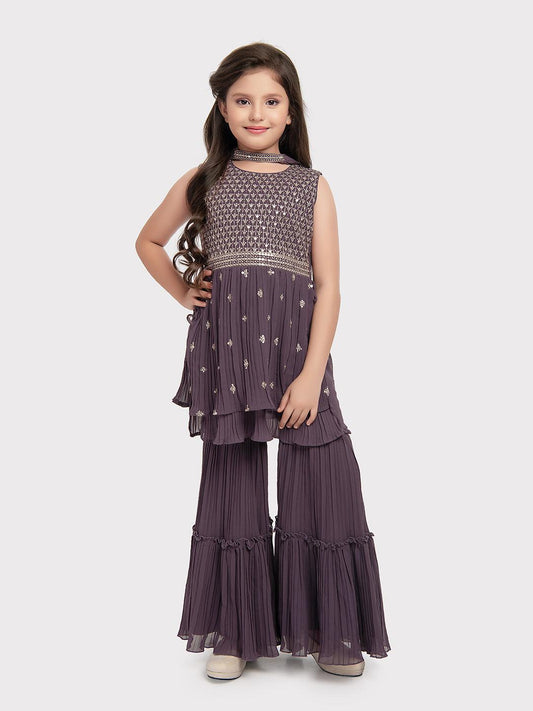 Lilac Coloured Embroidered Kurta with Salwar and Dupatta \ Gharara And Sharara For Girls - Betty Ethnic India - Gharara / Sharara Set - Betty Girls Wear Online