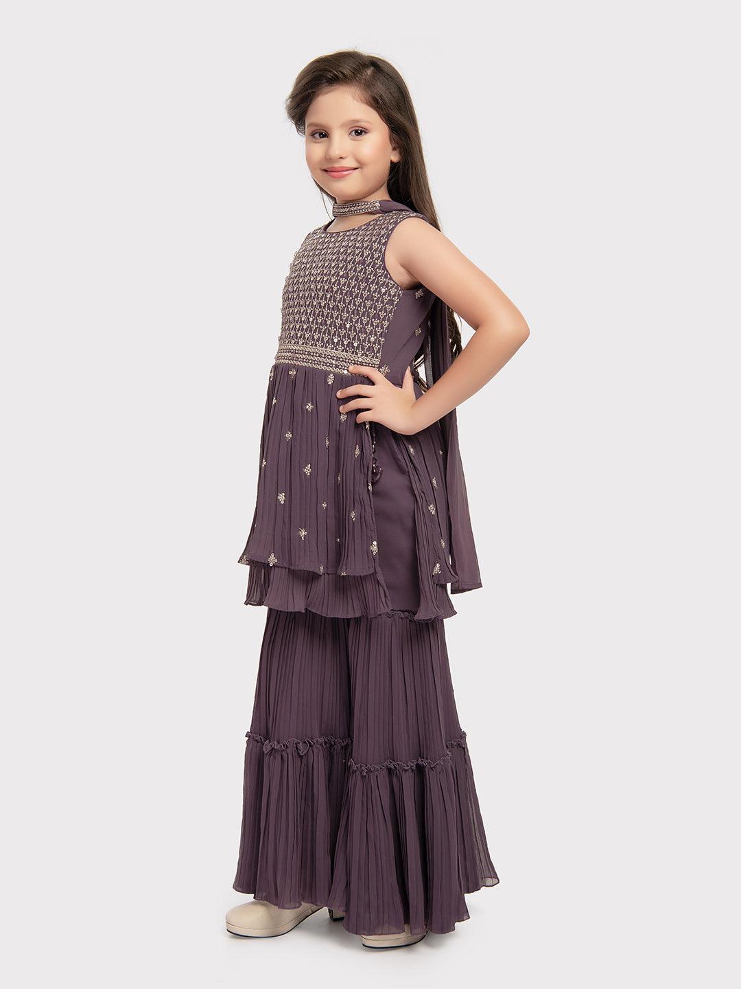 Lilac Coloured Embroidered Kurta with Salwar and Dupatta \ Gharara And Sharara For Girls - Betty Ethnic India - Gharara / Sharara Set - Betty Girls Wear Online