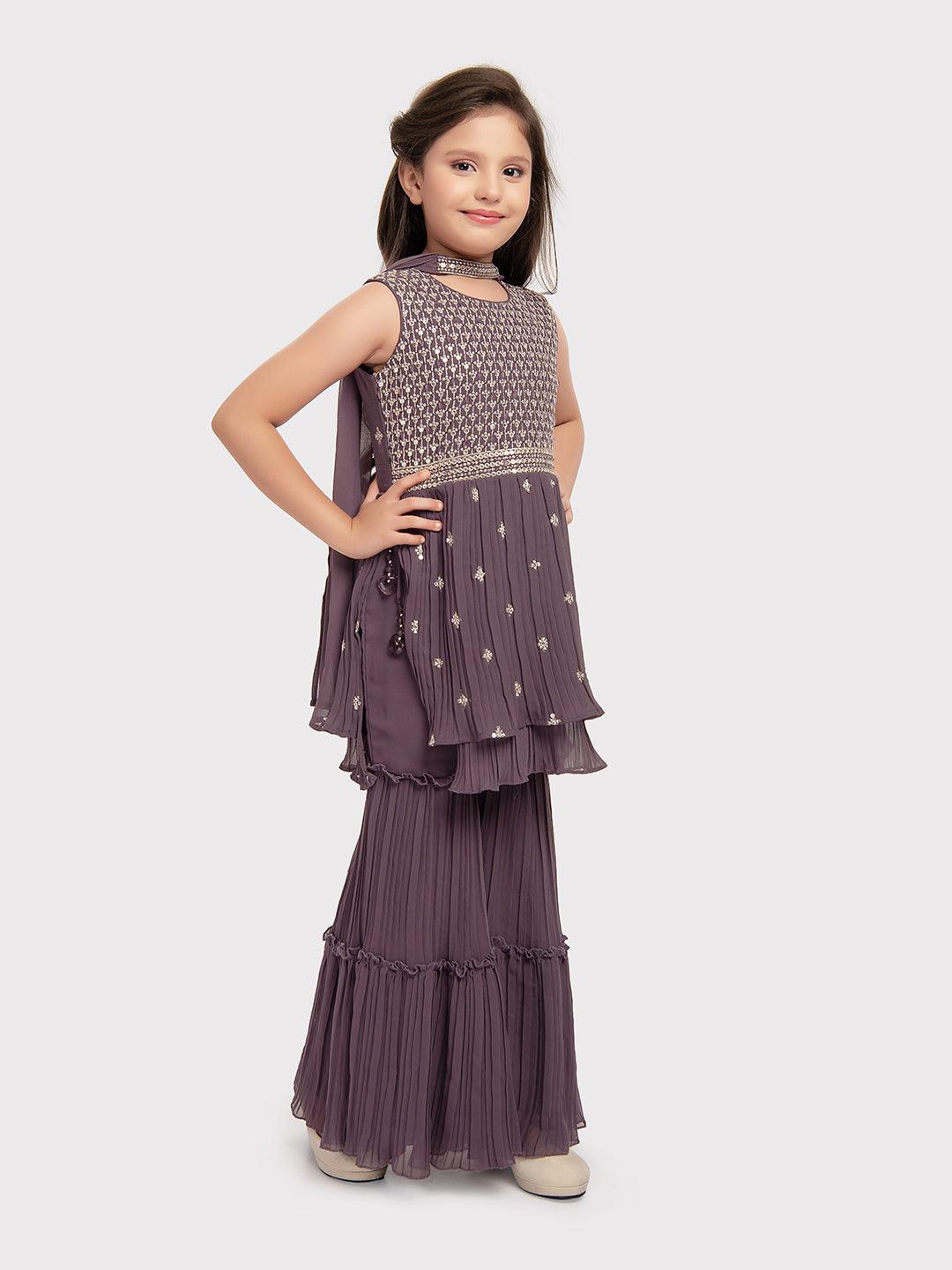 Lilac Coloured Embroidered Kurta with Salwar and Dupatta \ Gharara And Sharara For Girls - Betty Ethnic India - Gharara / Sharara Set - Betty Girls Wear Online