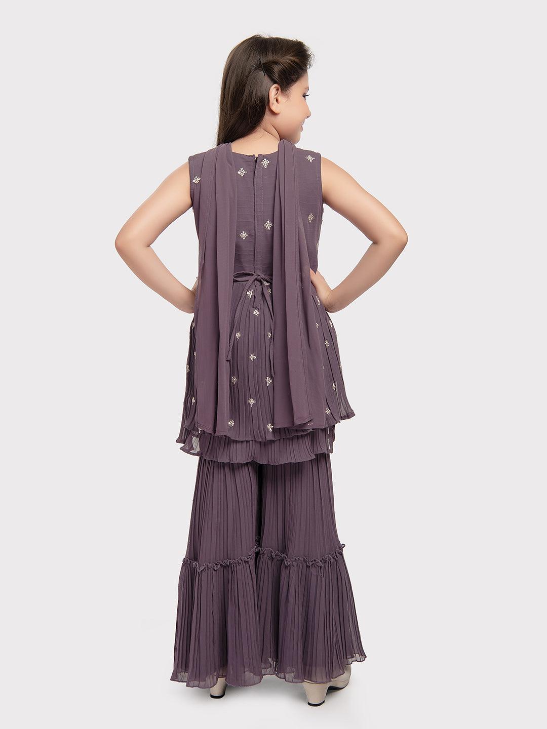 Lilac Coloured Embroidered Kurta with Salwar and Dupatta \ Gharara And Sharara For Girls - Betty Ethnic India - Gharara / Sharara Set - Betty Girls Wear Online