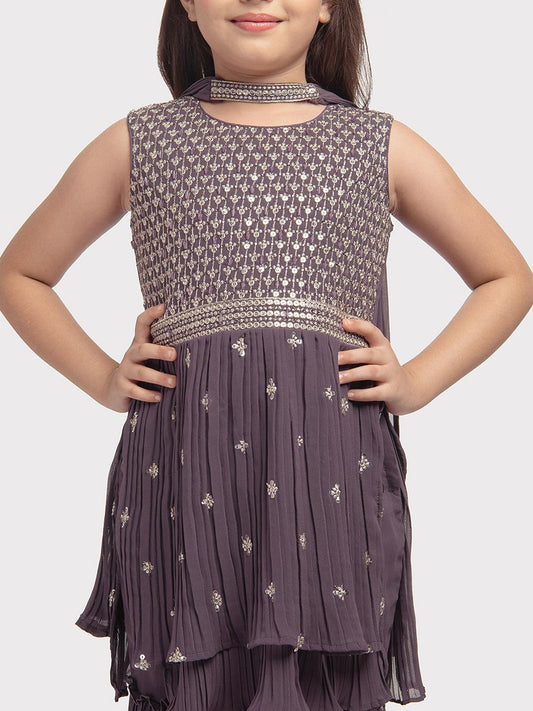 Lilac Coloured Embroidered Kurta with Salwar and Dupatta \ Gharara And Sharara For Girls - Betty Ethnic India - Gharara / Sharara Set - Betty Girls Wear Online