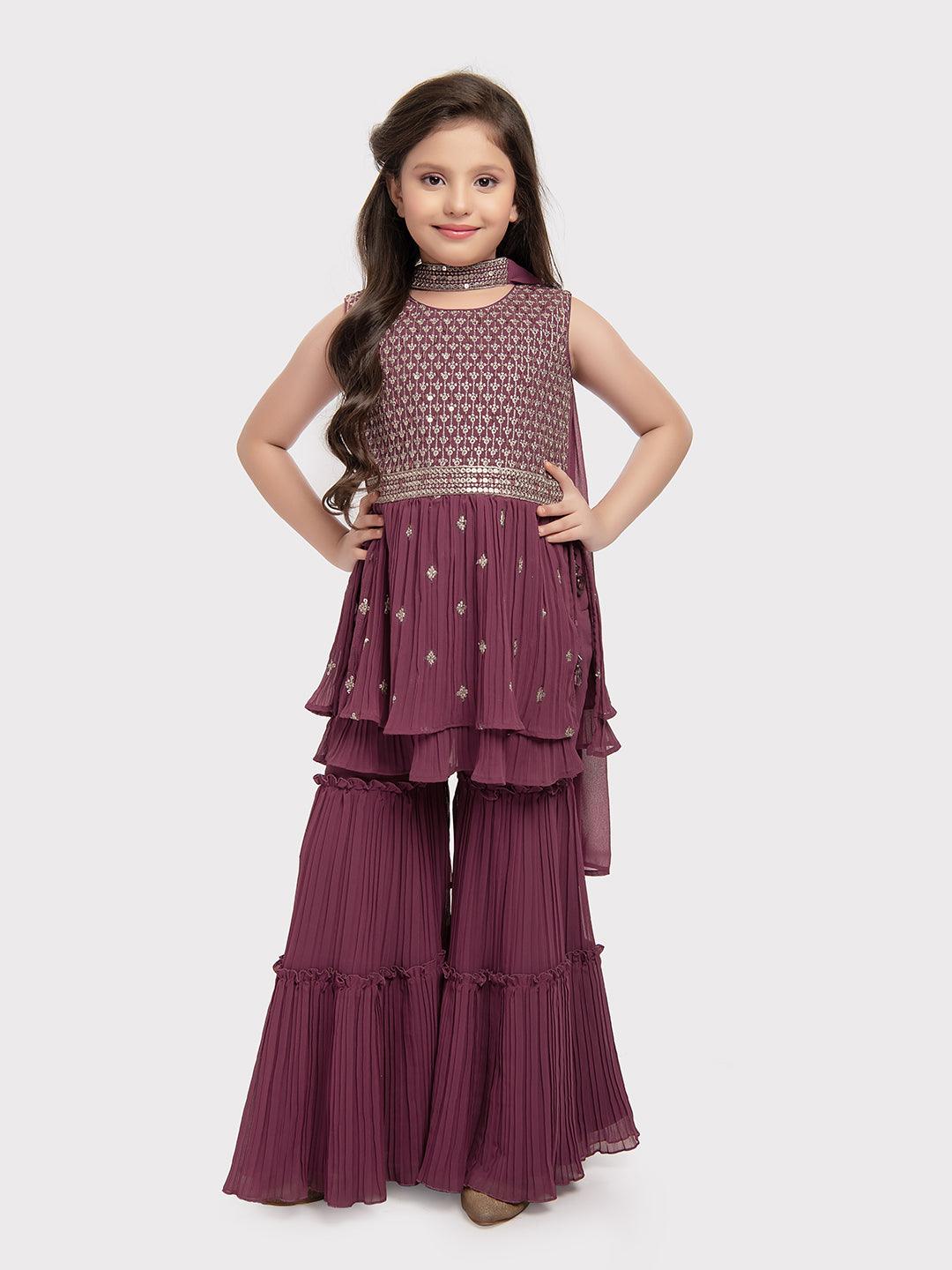 Magenta Coloured Embroidered Kurta with Salwar and Dupatta \ Sharara And Gharara For Girls - Betty Ethnic India - Gharara / Sharara Set - Betty Girls Wear Online