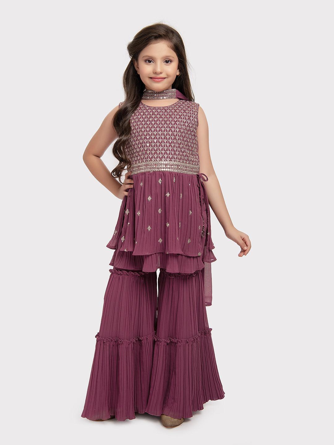 Magenta Coloured Embroidered Kurta with Salwar and Dupatta \ Sharara And Gharara For Girls - Betty Ethnic India - Gharara / Sharara Set - Betty Girls Wear Online