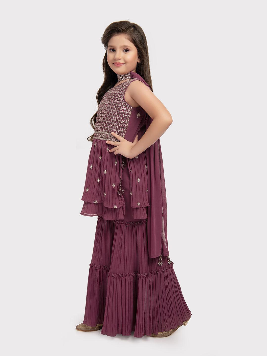 Magenta Coloured Embroidered Kurta with Salwar and Dupatta \ Sharara And Gharara For Girls - Betty Ethnic India - Gharara / Sharara Set - Betty Girls Wear Online