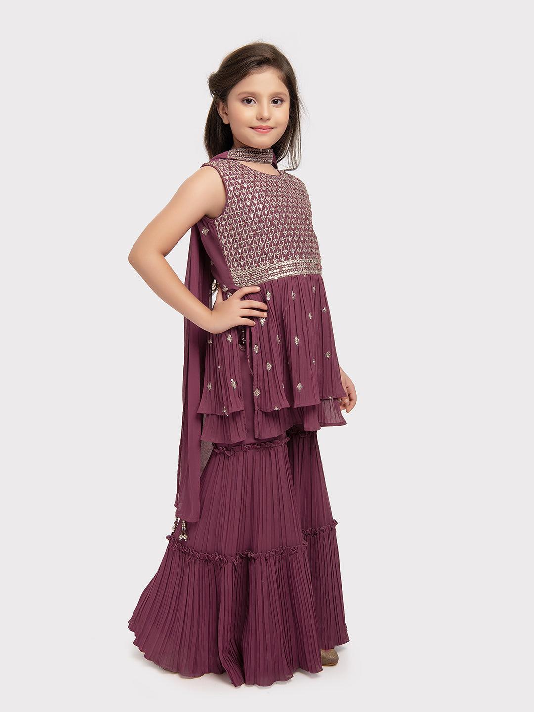 Magenta Coloured Embroidered Kurta with Salwar and Dupatta \ Sharara And Gharara For Girls - Betty Ethnic India - Gharara / Sharara Set - Betty Girls Wear Online