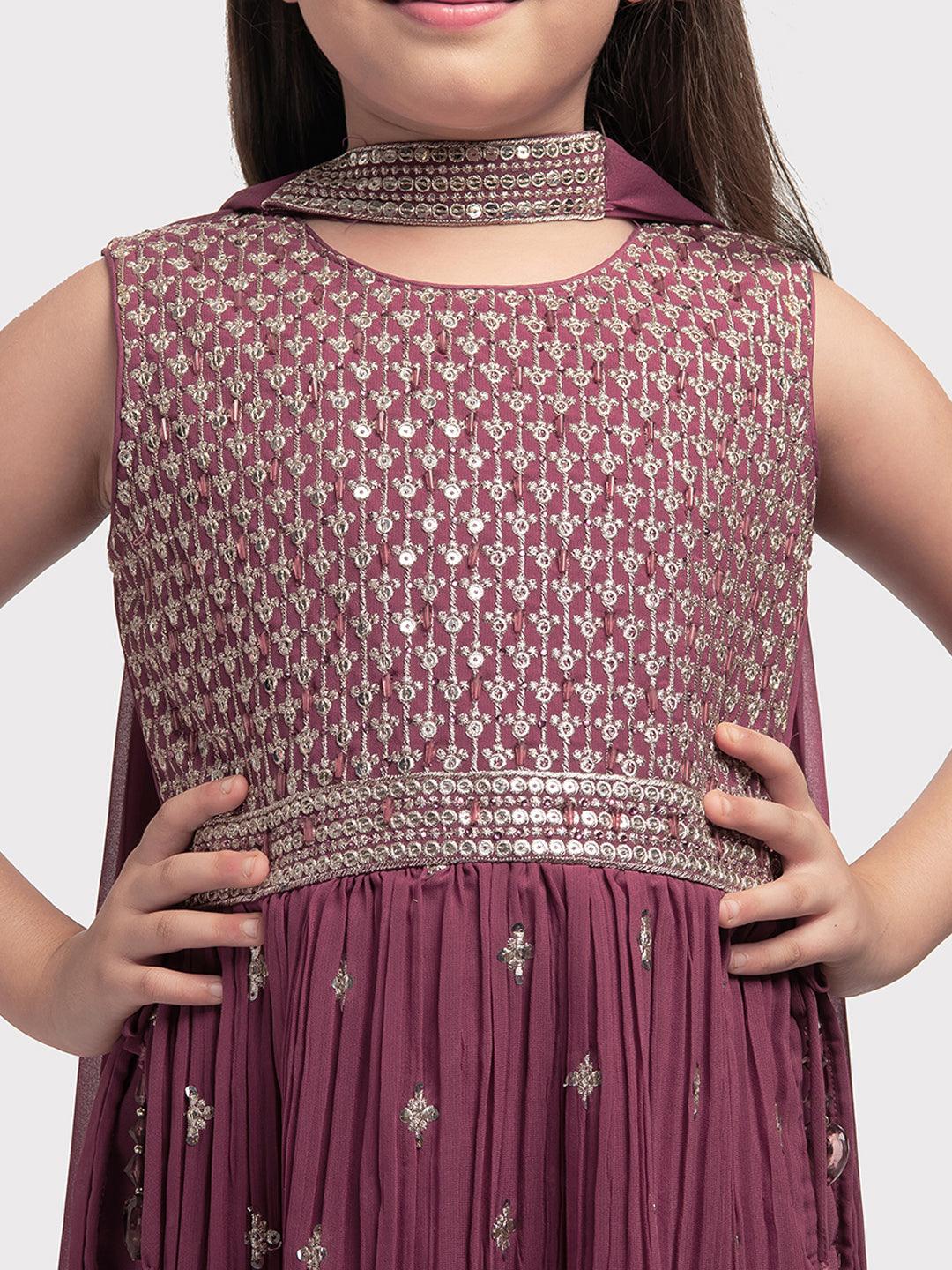 Magenta Coloured Embroidered Kurta with Salwar and Dupatta \ Sharara And Gharara For Girls - Betty Ethnic India - Gharara / Sharara Set - Betty Girls Wear Online