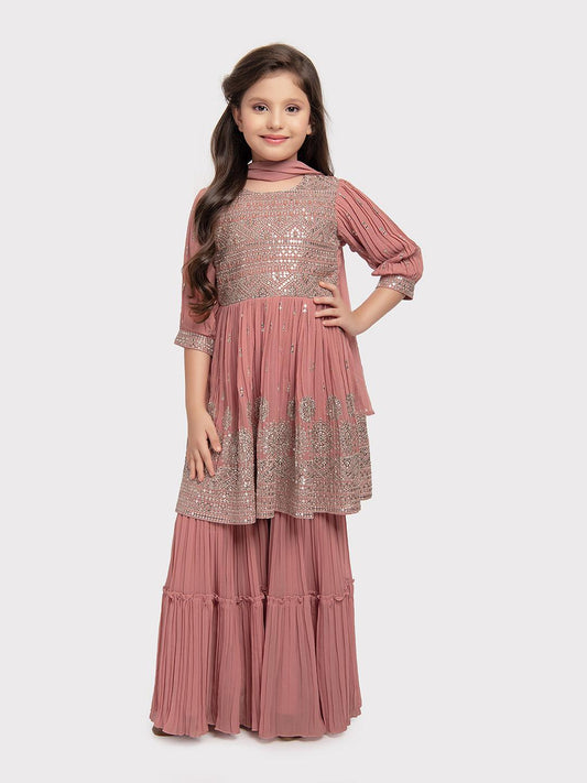 Peach Coloured Embroidered Kurta with Salwar and Dupatta \Simple Gharara And Sharara For Girls - Betty Ethnic India - Gharara / Sharara Set - Betty Girls Wear Online