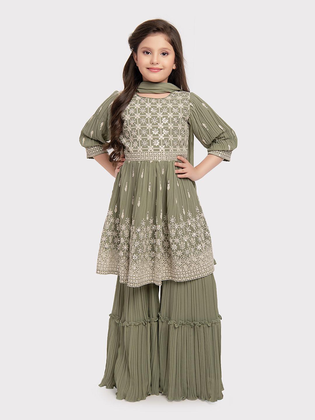 Green Embroidered Peplum Style Sharara and Dupatta Set \ Sharara And Gharara Set For Girls - Betty Ethnic India - Gharara / Sharara Set - Betty Girls Wear Online