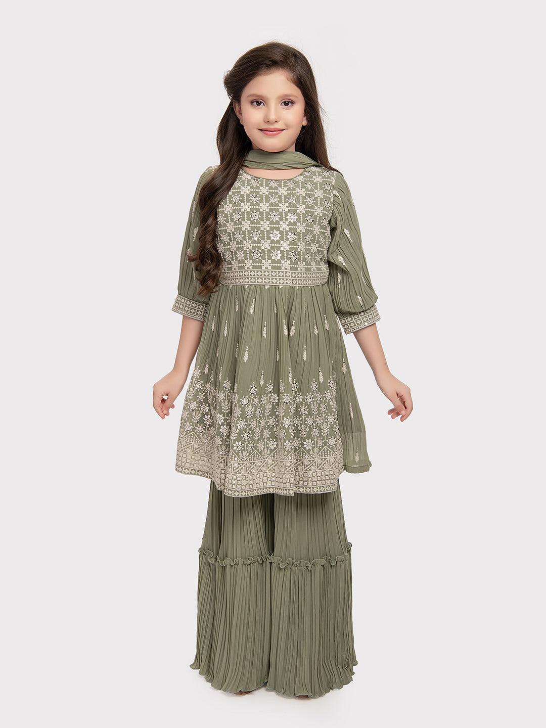 Green Embroidered Peplum Style Sharara and Dupatta Set \ Sharara And Gharara Set For Girls - Betty Ethnic India - Gharara / Sharara Set - Betty Girls Wear Online