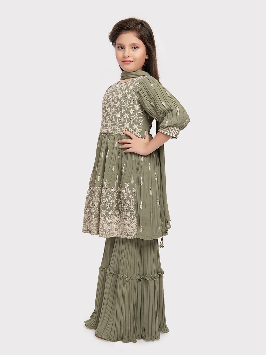 Green Embroidered Peplum Style Sharara and Dupatta Set \ Sharara And Gharara Set For Girls - Betty Ethnic India - Gharara / Sharara Set - Betty Girls Wear Online