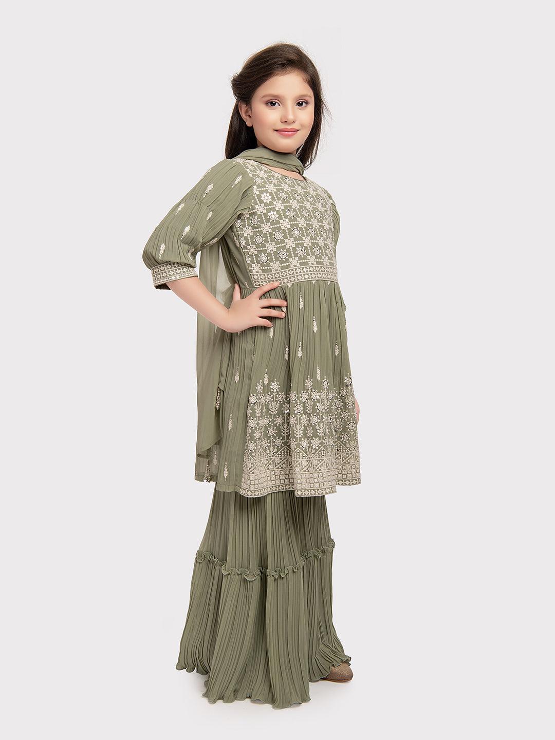 Green Embroidered Peplum Style Sharara and Dupatta Set \ Sharara And Gharara Set For Girls - Betty Ethnic India - Gharara / Sharara Set - Betty Girls Wear Online