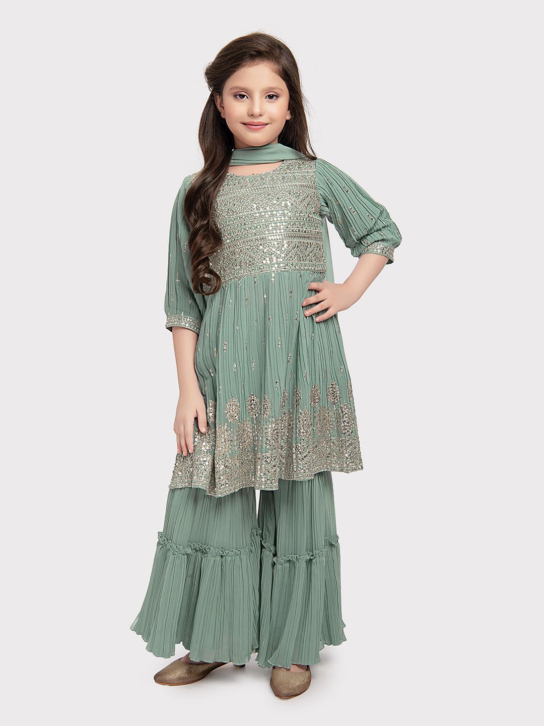 Pista Coloured Embroidered Kurta with Salwar and Dupatta \Trendy Gharara And Sharara For Girls - Betty Ethnic India - Gharara / Sharara Set - Betty Girls Wear Online