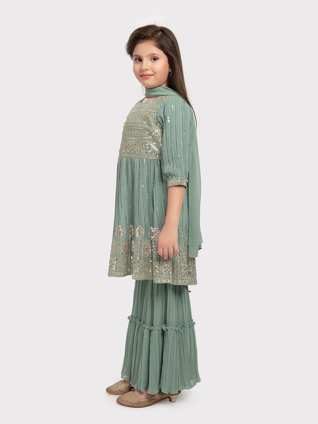 Pista Coloured Embroidered Kurta with Salwar and Dupatta \Trendy Gharara And Sharara For Girls - Betty Ethnic India - Gharara / Sharara Set - Betty Girls Wear Online