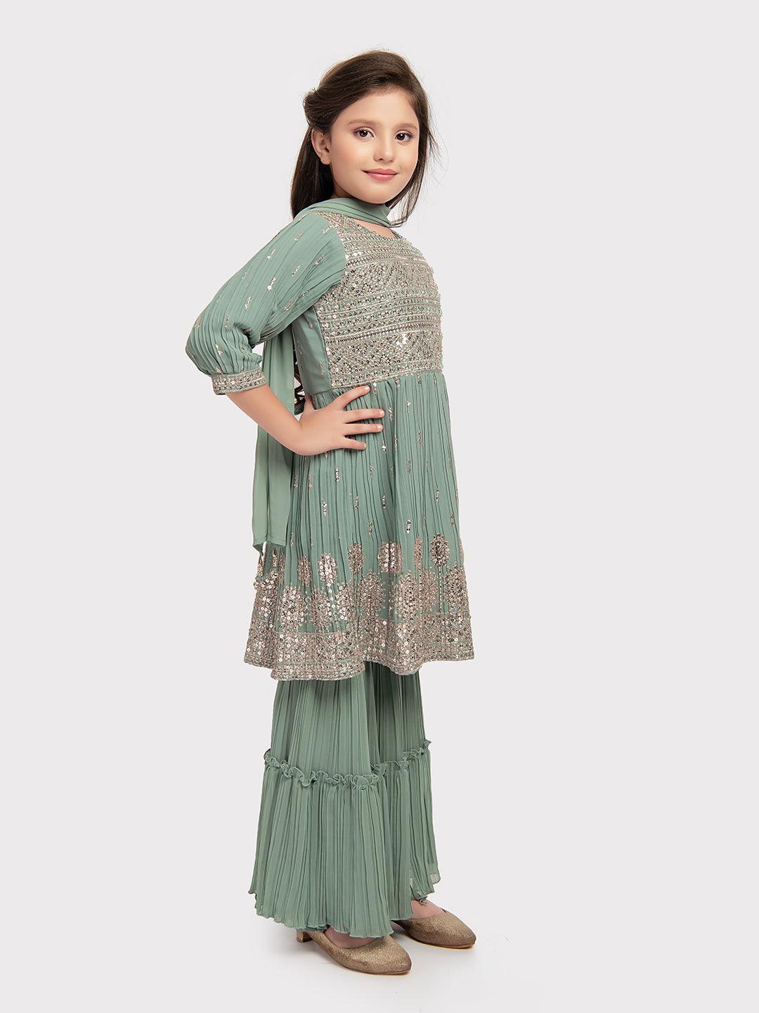 Pista Coloured Embroidered Kurta with Salwar and Dupatta \Trendy Gharara And Sharara For Girls - Betty Ethnic India - Gharara / Sharara Set - Betty Girls Wear Online