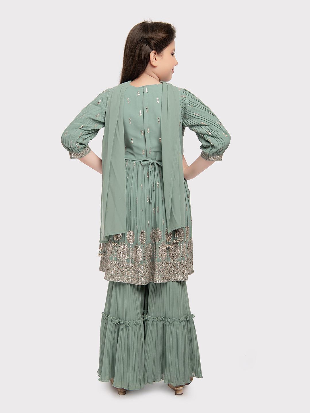 Pista Coloured Embroidered Kurta with Salwar and Dupatta \Trendy Gharara And Sharara For Girls - Betty Ethnic India - Gharara / Sharara Set - Betty Girls Wear Online