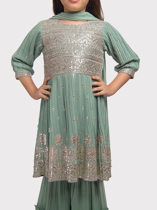 Pista Coloured Embroidered Kurta with Salwar and Dupatta \Trendy Gharara And Sharara For Girls - Betty Ethnic India - Gharara / Sharara Set - Betty Girls Wear Online