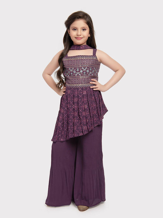 Burgundy Coloured Embroidered Kurta with Salwar and Dupatta \ Sharara And Gharara For Girls - Betty Ethnic India - Gharara / Sharara Set - Betty Girls Wear Online