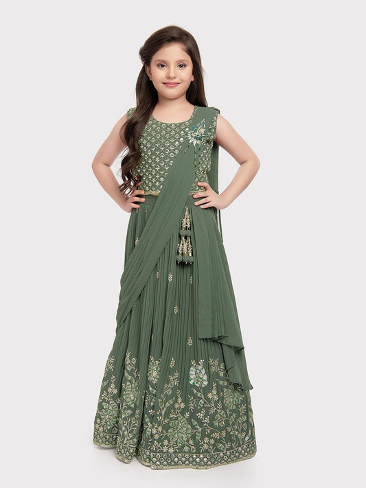 Green Coloured Embellished Ready to Wear Lehenga & Choli With Dupatta For Girls - Betty Ethnic India - Saree & Lehenga - Betty Girls Wear Online