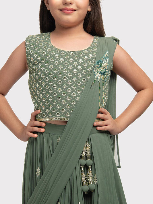 Green Coloured Embellished Ready to Wear Lehenga & Choli With Dupatta For Girls - Betty Ethnic India - Saree & Lehenga - Betty Girls Wear Online