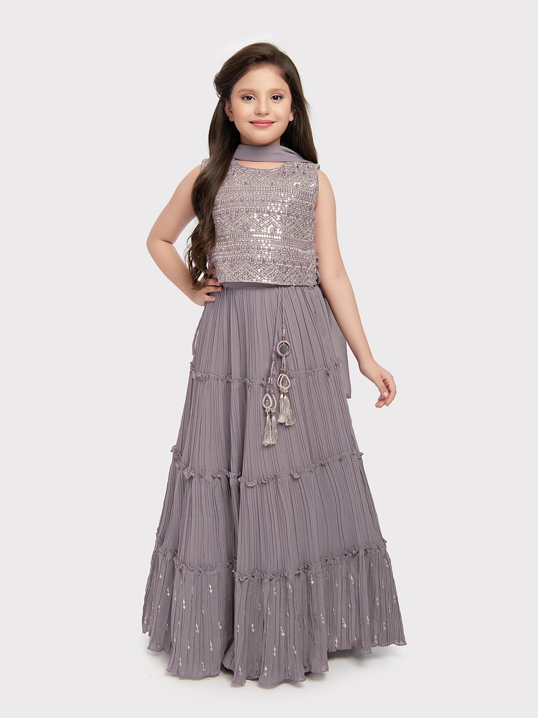 Lilac Coloured Sequinned Embellished Lehenga Choli with Ready-to-Wear Blouse and Dupatta - Georgette Fabric, Tassel Border For Girls - Betty Ethnic India - Saree & Lehenga - Betty Girls Wear Online