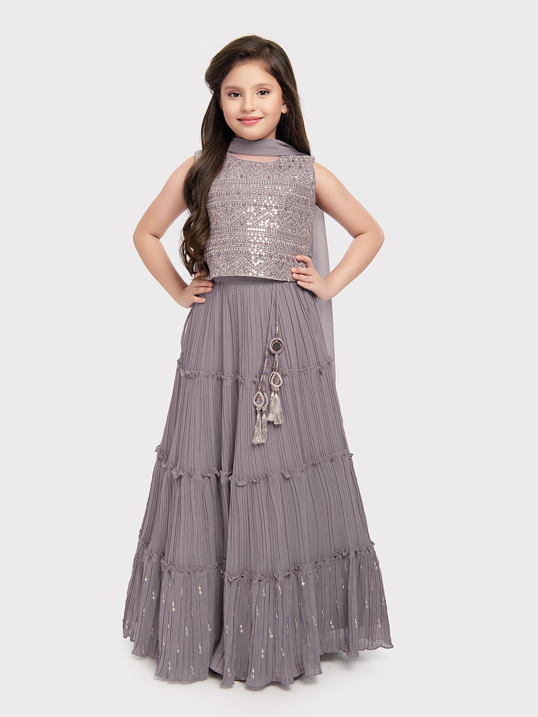 Lilac Coloured Sequinned Embellished Lehenga Choli with Ready-to-Wear Blouse and Dupatta - Georgette Fabric, Tassel Border For Girls - Betty Ethnic India - Saree & Lehenga - Betty Girls Wear Online