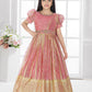 Carrot Ethnic Silk Flared Gown with Puff Sleeves – Festive Wear for Girls