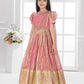 Carrot Ethnic Silk Flared Gown with Puff Sleeves – Festive Wear for Girls