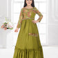 Green Printed Fit & Flare Gown with Long Sleeves – Girls Premium Ethnic Dress