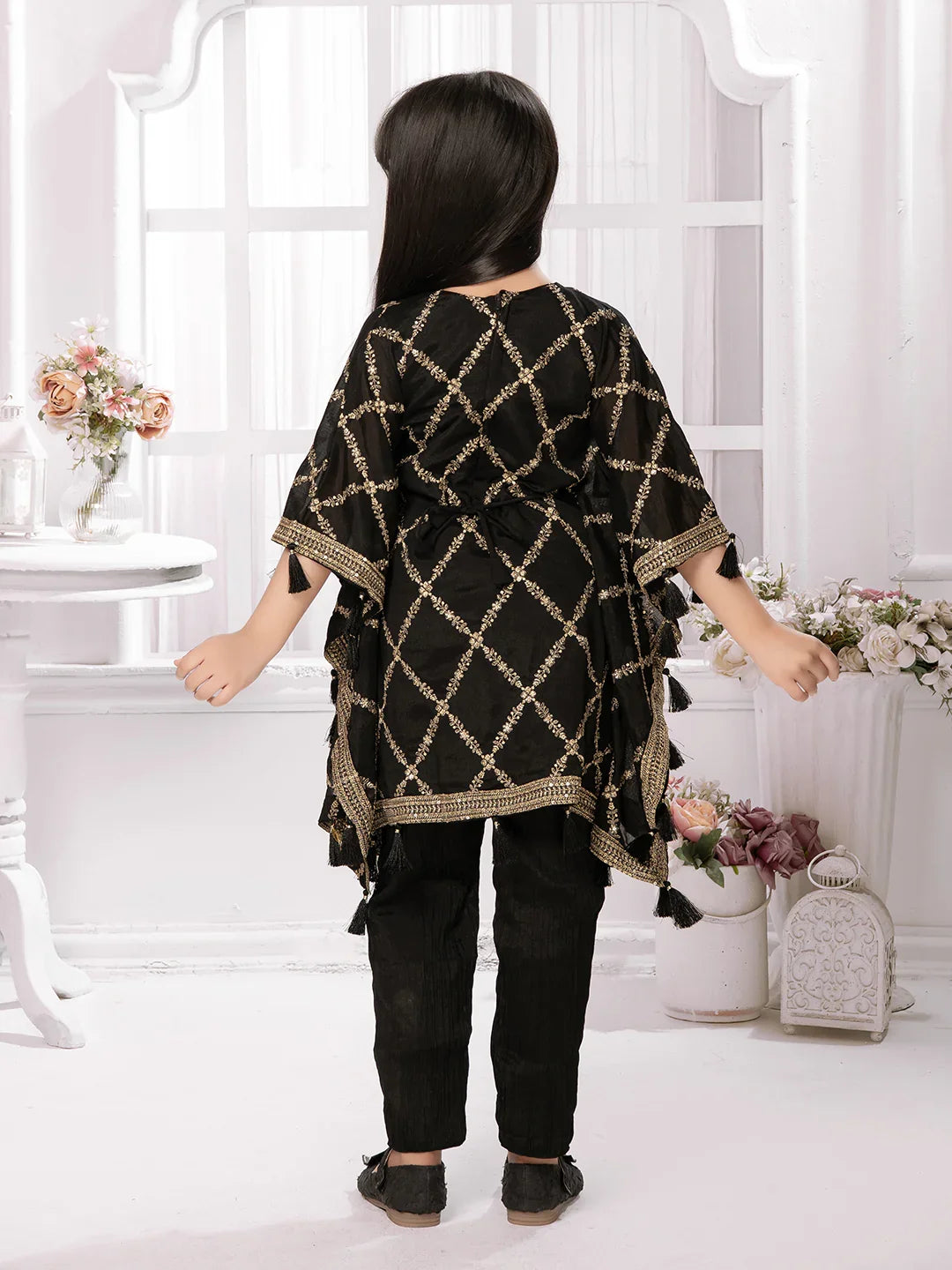 Betty Girls' Black Kaftan Set – Festive Tunic & Trouser Outfit