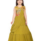 Betty Olive Green Floral Embroidered Gown with Draped Shoulder – Girls’ Festive Flare Dress