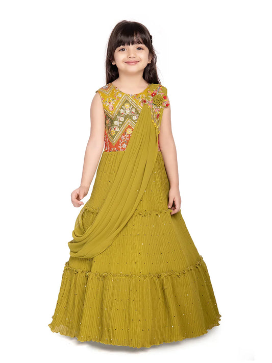 Betty Olive Green Floral Embroidered Gown with Draped Shoulder – Girls’ Festive Flare Dress