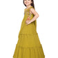 Betty Olive Green Floral Embroidered Gown with Draped Shoulder – Girls’ Festive Flare Dress
