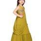 Betty Olive Green Floral Embroidered Gown with Draped Shoulder – Girls’ Festive Flare Dress
