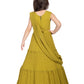 Betty Olive Green Floral Embroidered Gown with Draped Shoulder – Girls’ Festive Flare Dress