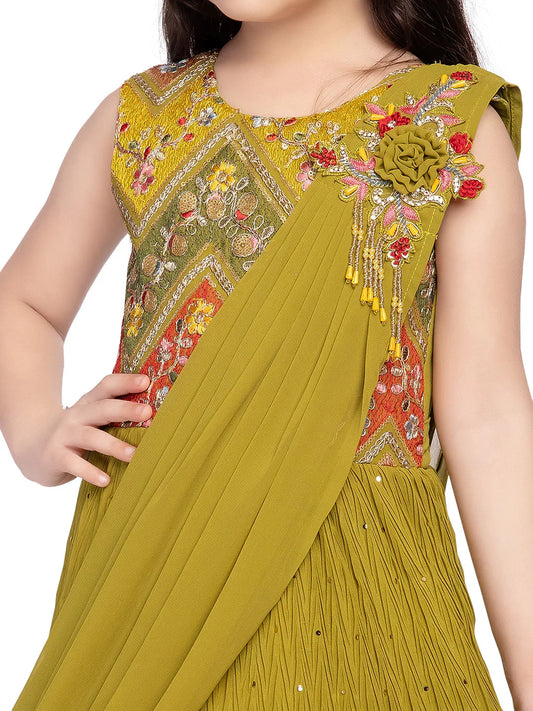 Betty Olive Green Floral Embroidered Gown with Draped Shoulder – Girls’ Festive Flare Dress