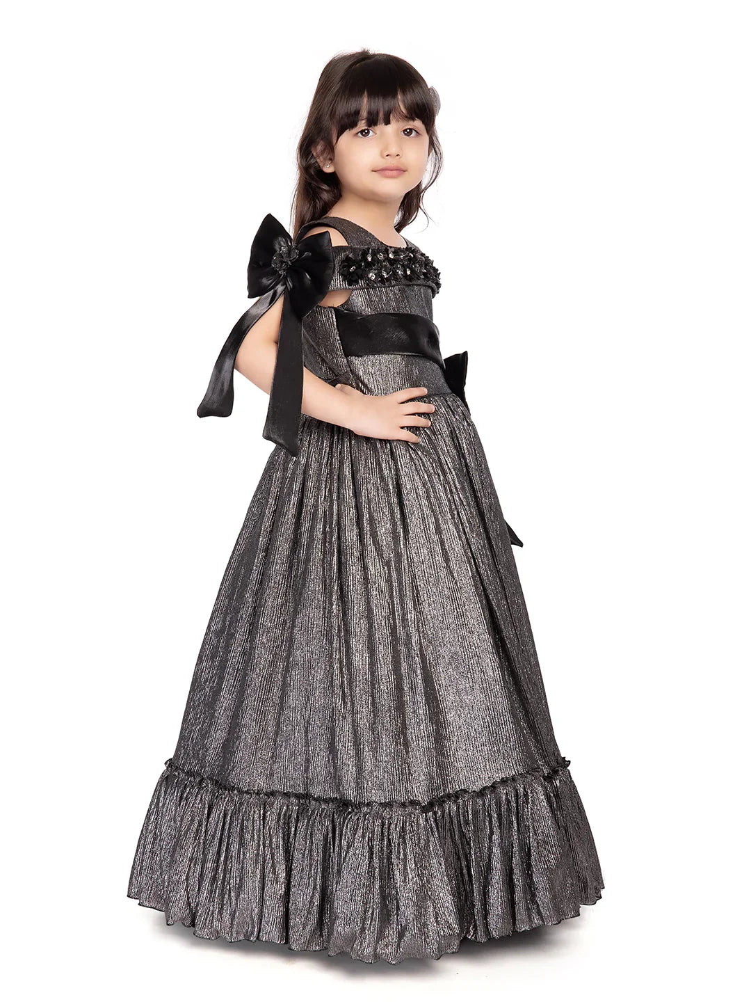 Betty Grey Cold-Shoulder Embellished Gown – Girls' Party Dress with Pearls & Bows