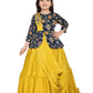 Yellow & Navy Embroidered Gown with Draped Dupatta – Girls' Indo-Western Ethnic Dress
