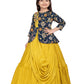 Yellow & Navy Embroidered Gown with Draped Dupatta – Girls' Indo-Western Ethnic Dress