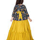 Yellow & Navy Embroidered Gown with Draped Dupatta – Girls' Indo-Western Ethnic Dress