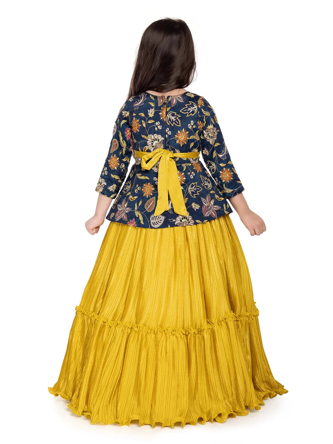 Yellow & Navy Embroidered Gown with Draped Dupatta – Girls' Indo-Western Ethnic Dress