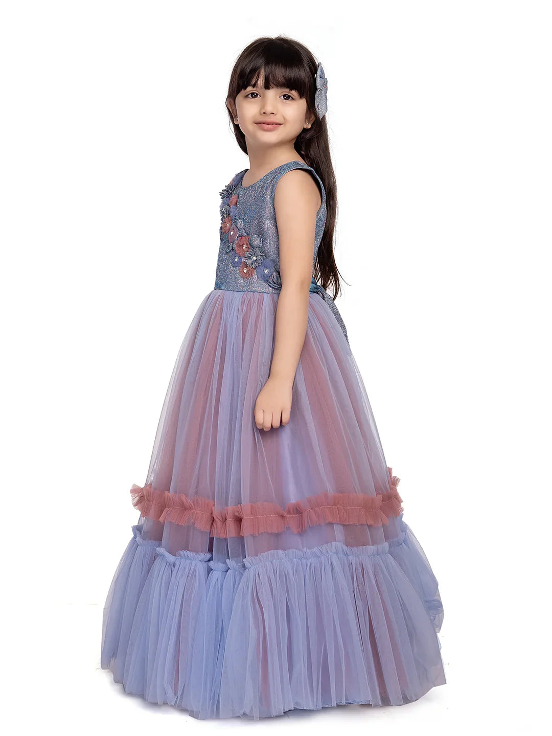 Betty Blue Embellished 2 Layered Double Tone Fit & Flare Gown – Sleeveless Girls' Party Dress