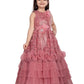 Betty Pink Embroidered Layered Gown with Floral Detailing – Girls' Party Dress
