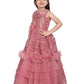 Betty Pink Embroidered Layered Gown with Floral Detailing – Girls' Party Dress