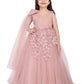 Peach Floral Appliqué Gown with Shoulder Bow – Girls' Designer Party Dress