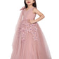 Peach Floral Appliqué Gown with Shoulder Bow – Girls' Designer Party Dress